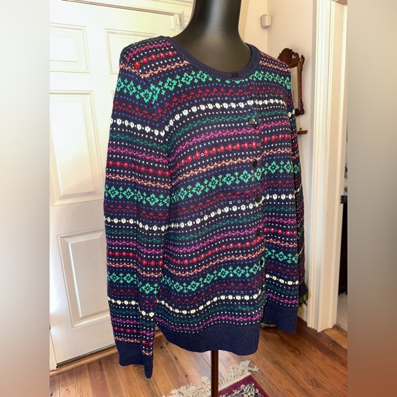 🔥Talbots Lambswool Blend Cardigan Sweater Navy w/Multi-Color & Clear Sequins 1X - Picture 1 of 4
